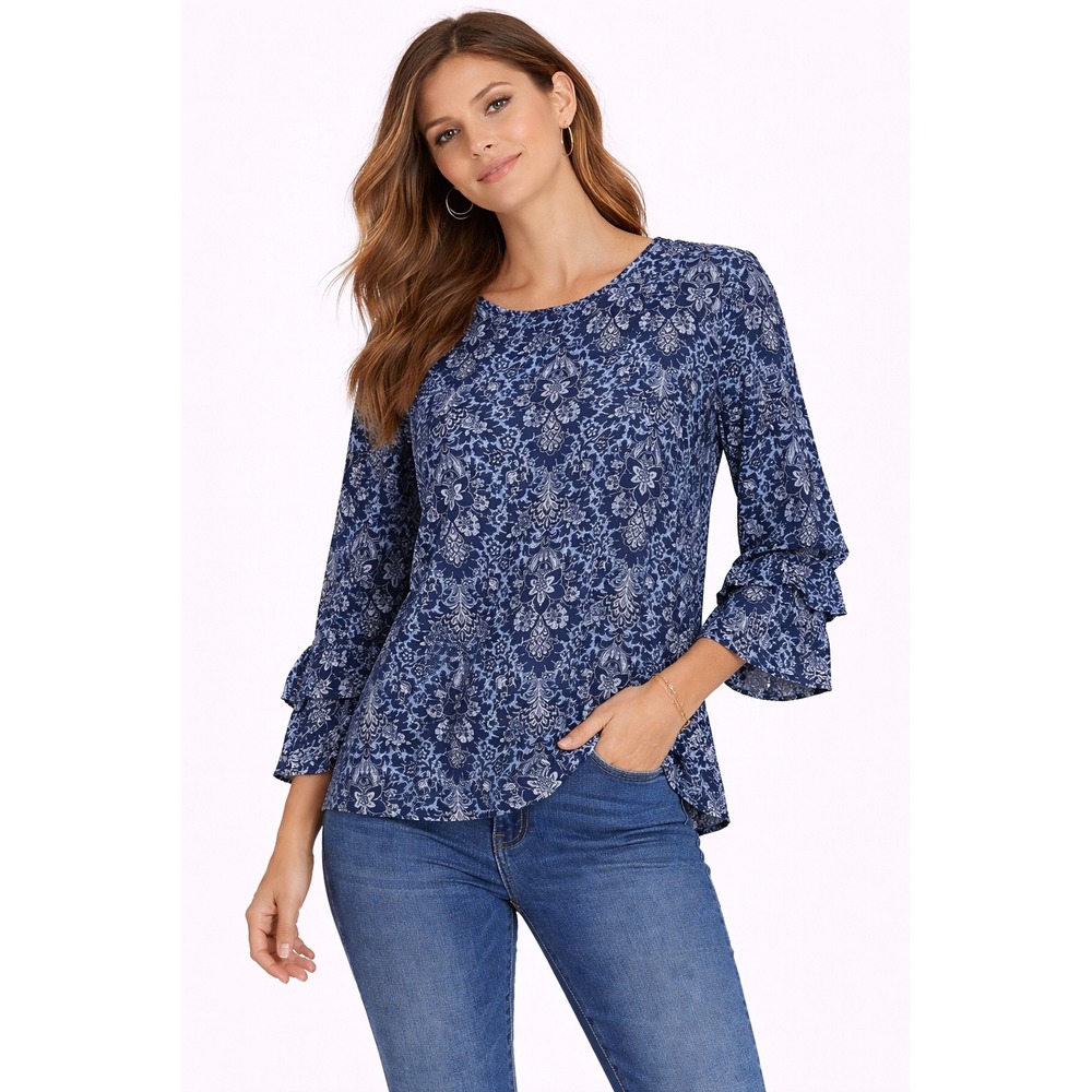 J.Crew Womens Blue Damask Floral Cotton Tiered Ruffle Sleeve Blouse Top Size 2